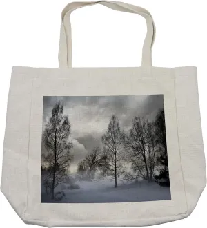 Lunarable Winter Shopping Bag, Snowy Forest with Frozen Trees Under Stormy Moody Sky Overcast Windy Landscape, Eco-Friendly Reusable Bag for Groceries Beach and More, 15.5" X 14.5", Cream