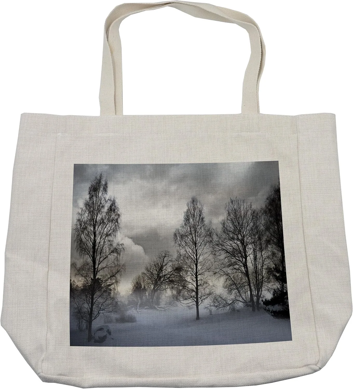 Lunarable Winter Shopping Bag, Snowy Forest with Frozen Trees Under Stormy Moody Sky Overcast Windy Landscape, Eco-Friendly Reusable Bag for Groceries Beach and More, 15.5" X 14.5", Cream