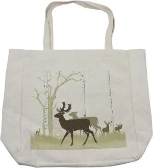 Lunarable Woodland Shopping Bag, Abstract Watercolor Fallow Deer and Red Deer Roaming Through the Woods Antlers, Eco-Friendly Reusable Bag for Groceries Beach and More, 15.5" X 14.5", Cream