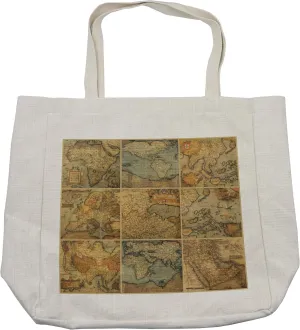 Lunarable World Map Shopping Bag, Collage with Antique Old World Maps Vintage Group of Civilization, Eco-Friendly Reusable Bag for Groceries Beach and More, 15.5" X 14.5", Cream