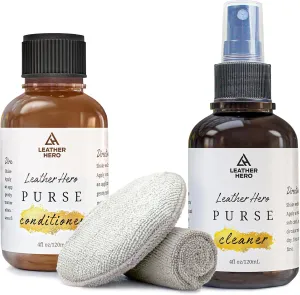 Luxury Leather Purse Cleaner & Conditioner Kit – 4pc Care Set for Handbags & Designer Bags – Includes 4oz Cleaner, 4oz Conditioner, Cloth & Applicator- Safe on all Leathers