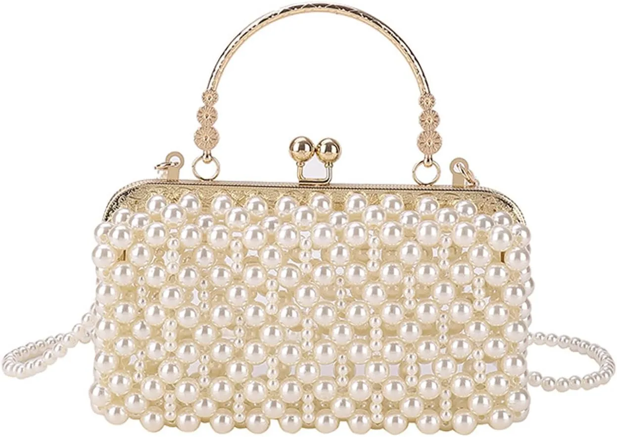 Luxury Pearl Bag Chain Bag Purse Evening Bags, Artificial Pearl Clutch Handmade Bags for Party Wedding Bridal Travel 19(White)