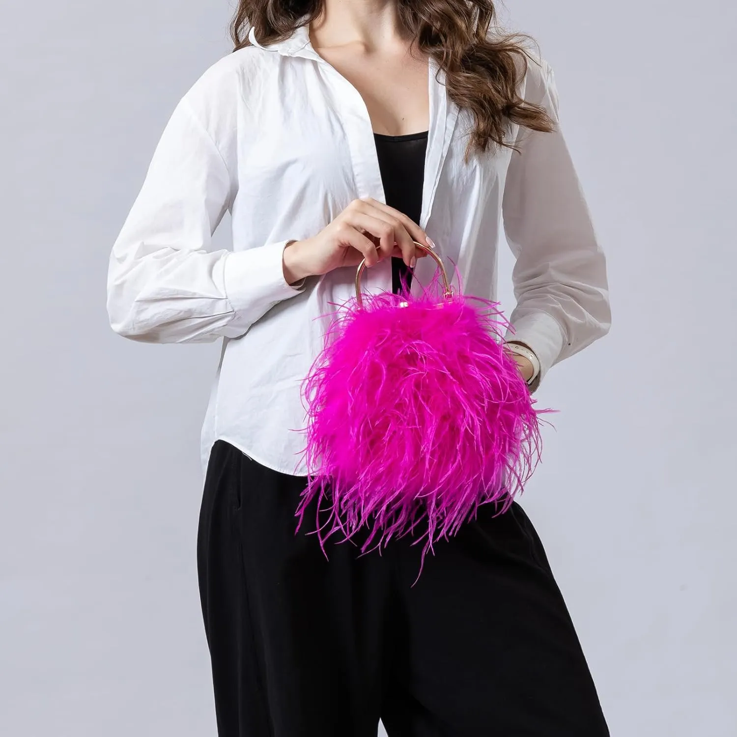 LVCOMEFF Women Evening Purse Ostrich Feather Handbag with Gold Handle Crossbody Bag Cute Luxury for Party Wedding