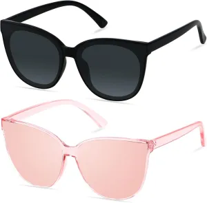 LYZOIT Oversized Cat Eye Sunglasses for Women Big Large Cateye Frame Shades 2 Pack Fashion Vintage Sun glasses