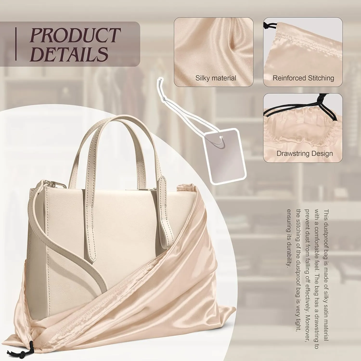 Manyshofu 7 Pack Satin Dust Bags for Handbags Storage, Silky Shoe Bag Beige Drawstring Bags for Shoes & Purses - Silk Dust Cover Bag Dustproof Bags Protector Travel Storage Pouch(23.6 x 19.6)