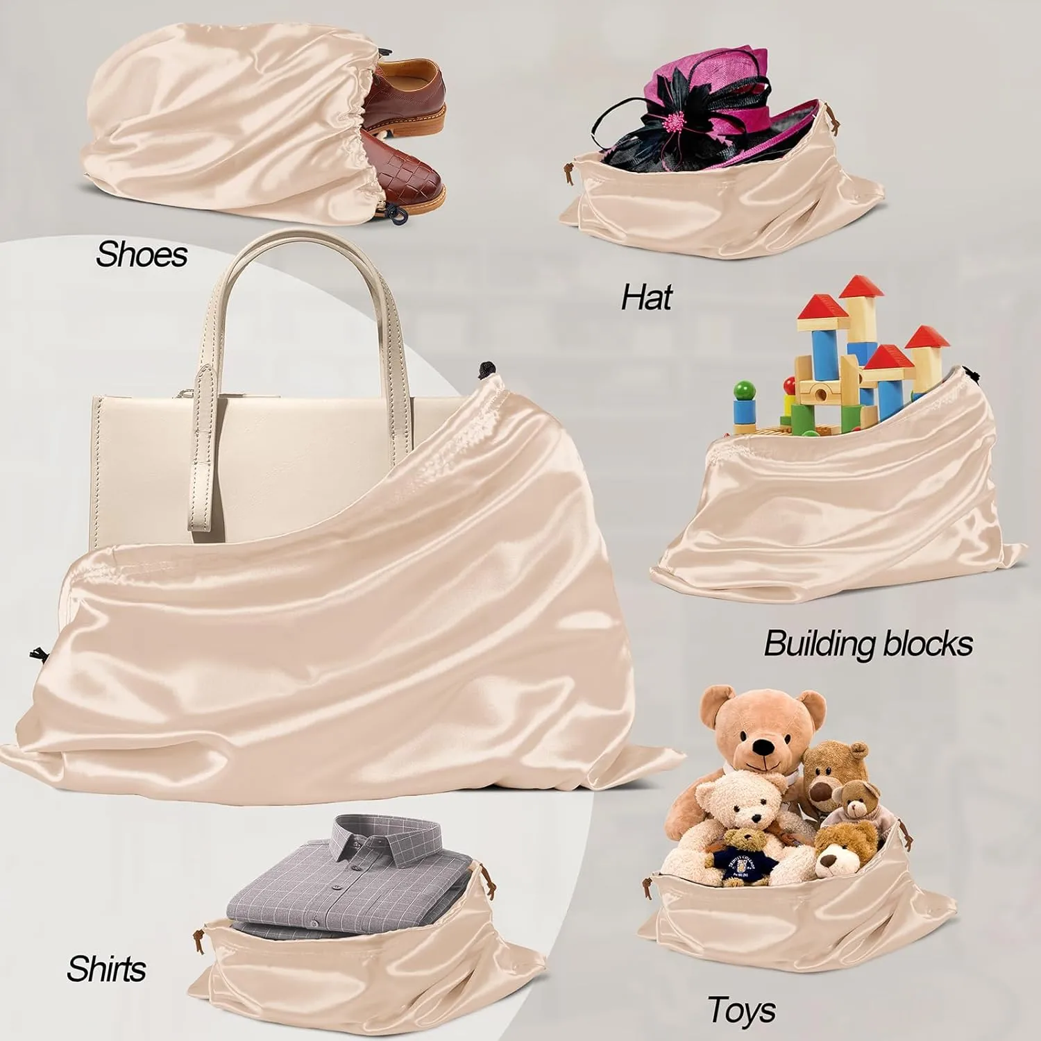 Manyshofu 7 Pack Satin Dust Bags for Handbags Storage, Silky Shoe Bag Beige Drawstring Bags for Shoes & Purses - Silk Dust Cover Bag Dustproof Bags Protector Travel Storage Pouch(23.6 x 19.6)