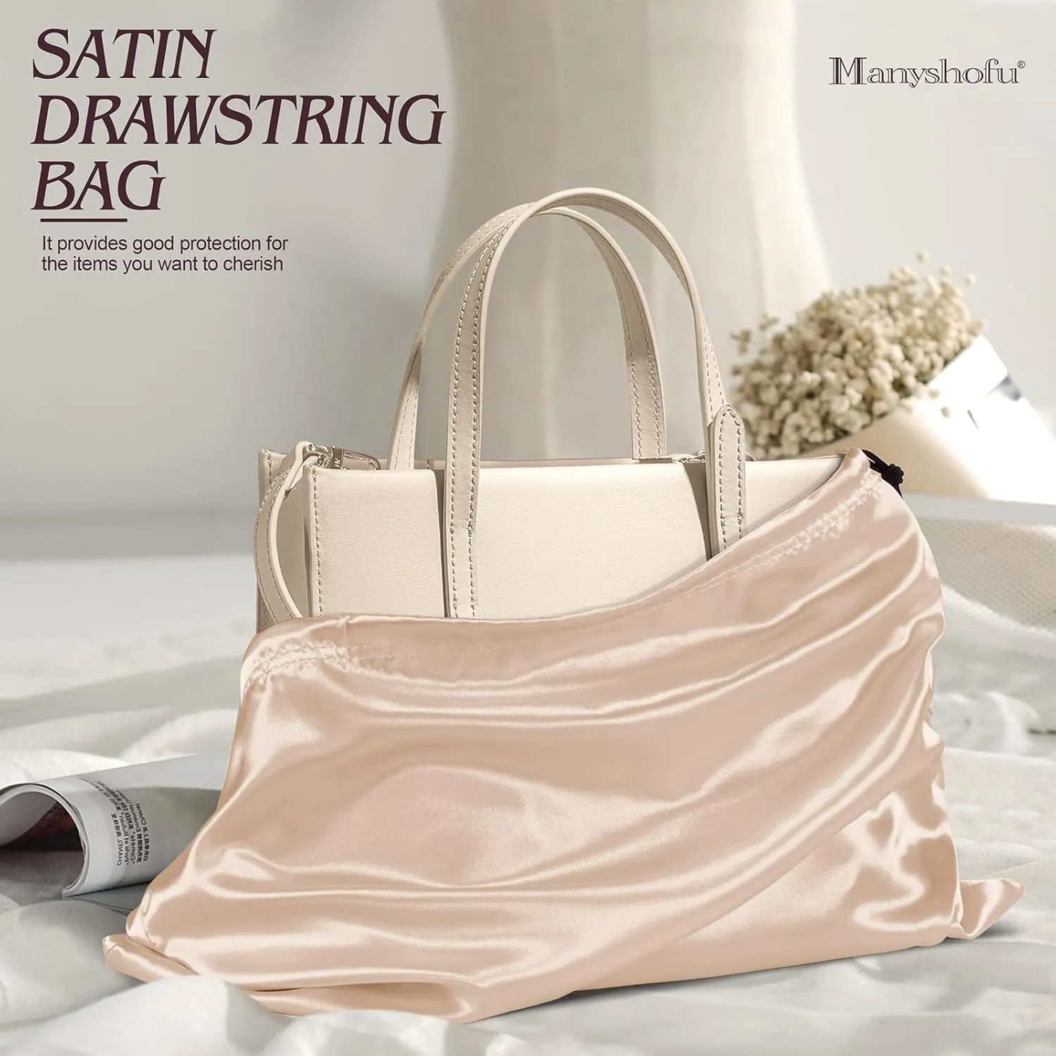 Manyshofu 7 Pack Satin Dust Bags for Handbags Storage, Silky Shoe Bag Beige Drawstring Bags for Shoes & Purses - Silk Dust Cover Bag Dustproof Bags Protector Travel Storage Pouch(23.6 x 19.6)