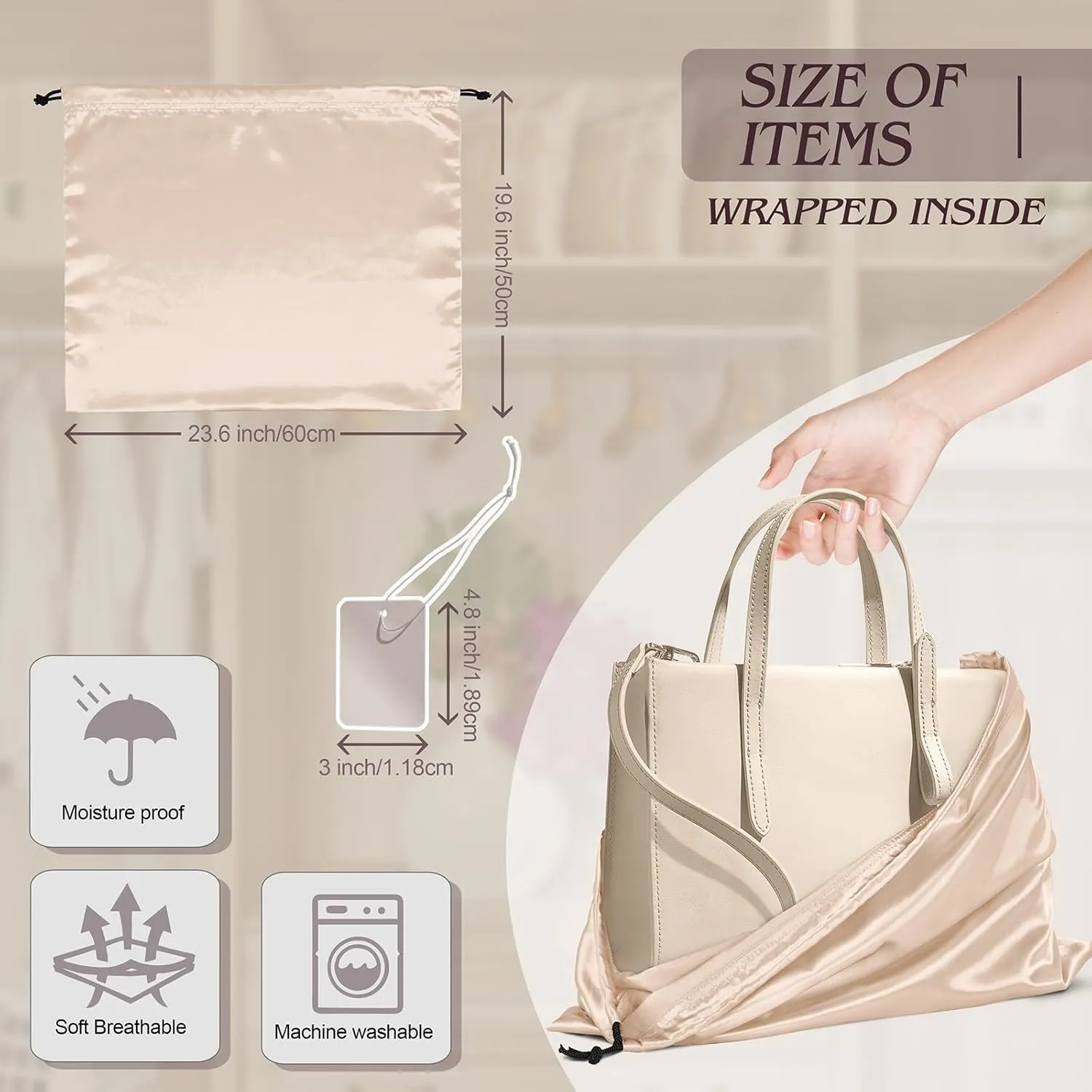Manyshofu 7 Pack Satin Dust Bags for Handbags Storage, Silky Shoe Bag Beige Drawstring Bags for Shoes & Purses - Silk Dust Cover Bag Dustproof Bags Protector Travel Storage Pouch(23.6 x 19.6)