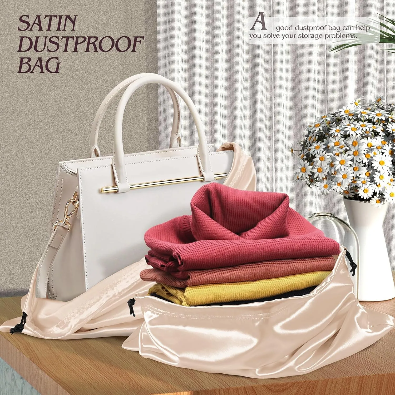 Manyshofu 7 Pack Satin Dust Bags for Handbags Storage, Silky Shoe Bag Beige Drawstring Bags for Shoes & Purses - Silk Dust Cover Bag Dustproof Bags Protector Travel Storage Pouch(23.6 x 19.6)