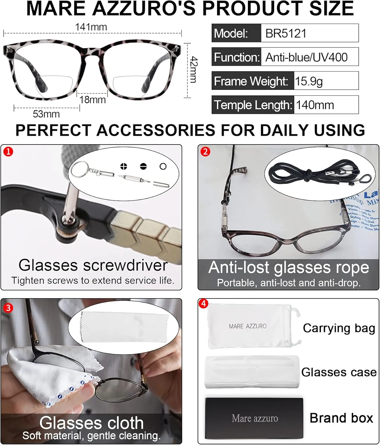 MARE AZZURO Bifocal Reading Glasses Women Blue Light Blocking Outdoor Readers 1.0 1.25 1.5 1.75 2.0 2.25 2.5 2.75 3.0 3.5