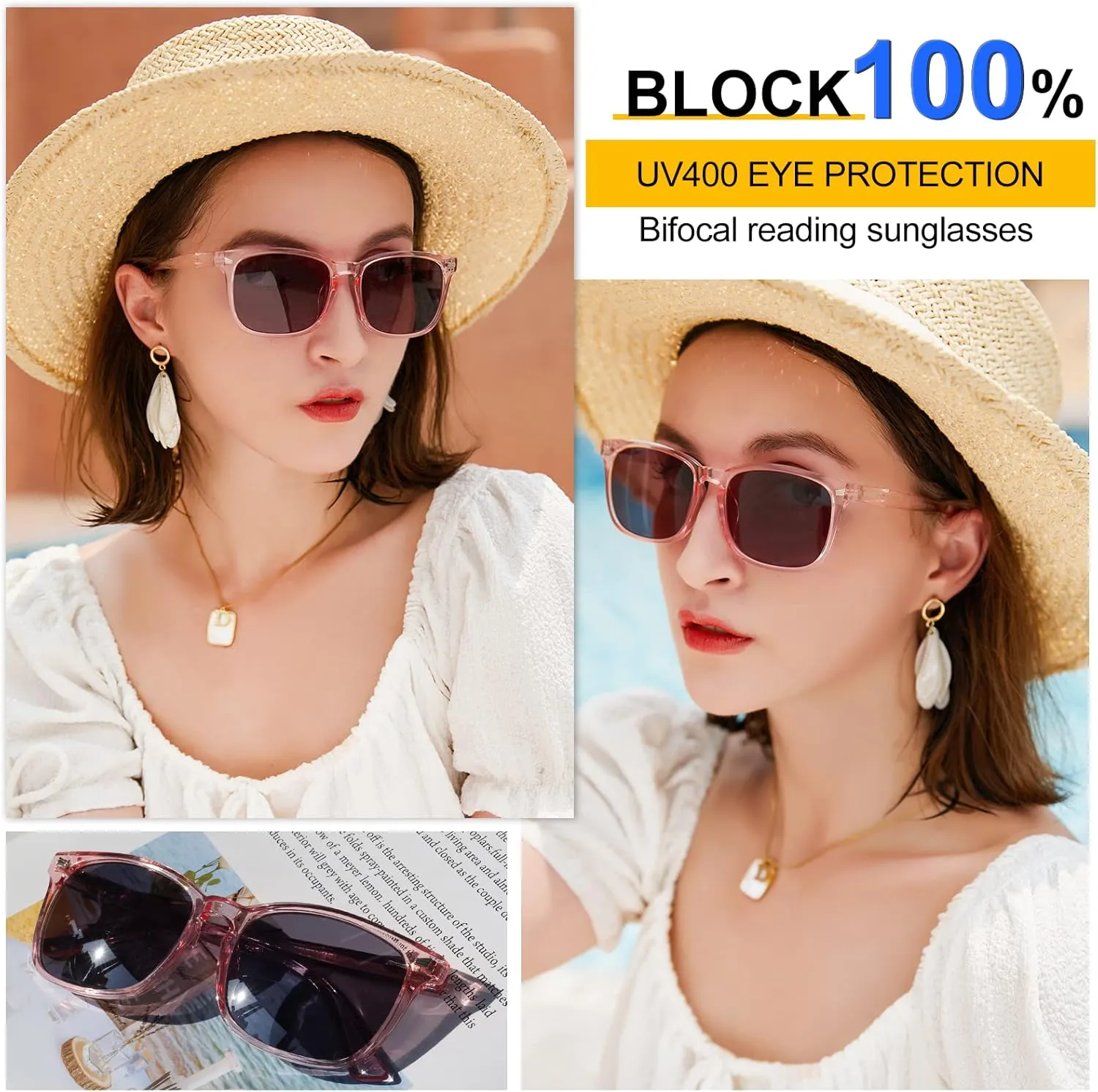 MARE AZZURO Bifocal Reading Sunglasses Women Trendy Square Outdoor Readers 1.00 1.50 2.00 2.50 3.00 3.50 4.00 (Pink, 100)