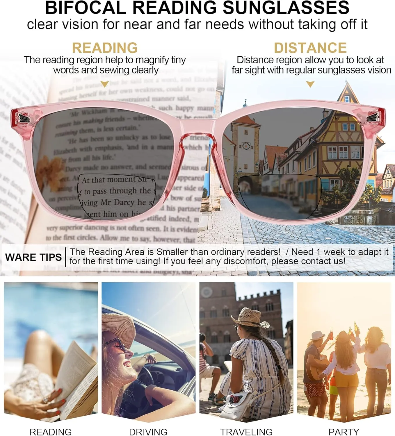 MARE AZZURO Bifocal Reading Sunglasses Women Trendy Square Outdoor Readers 1.00 1.50 2.00 2.50 3.00 3.50 4.00 (Pink, 100)