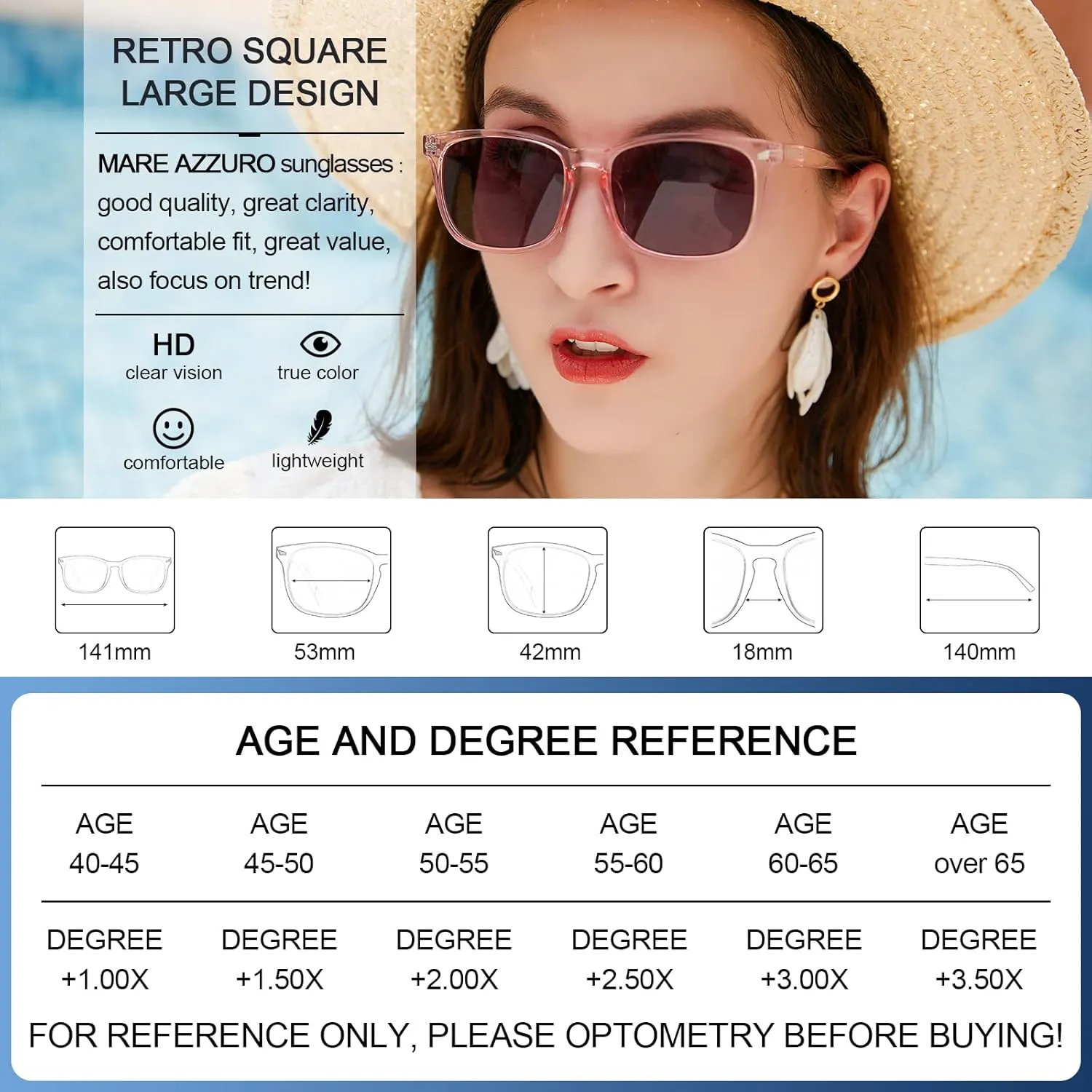 MARE AZZURO Bifocal Reading Sunglasses Women Trendy Square Outdoor Readers 1.00 1.50 2.00 2.50 3.00 3.50 4.00 (Pink, 100)