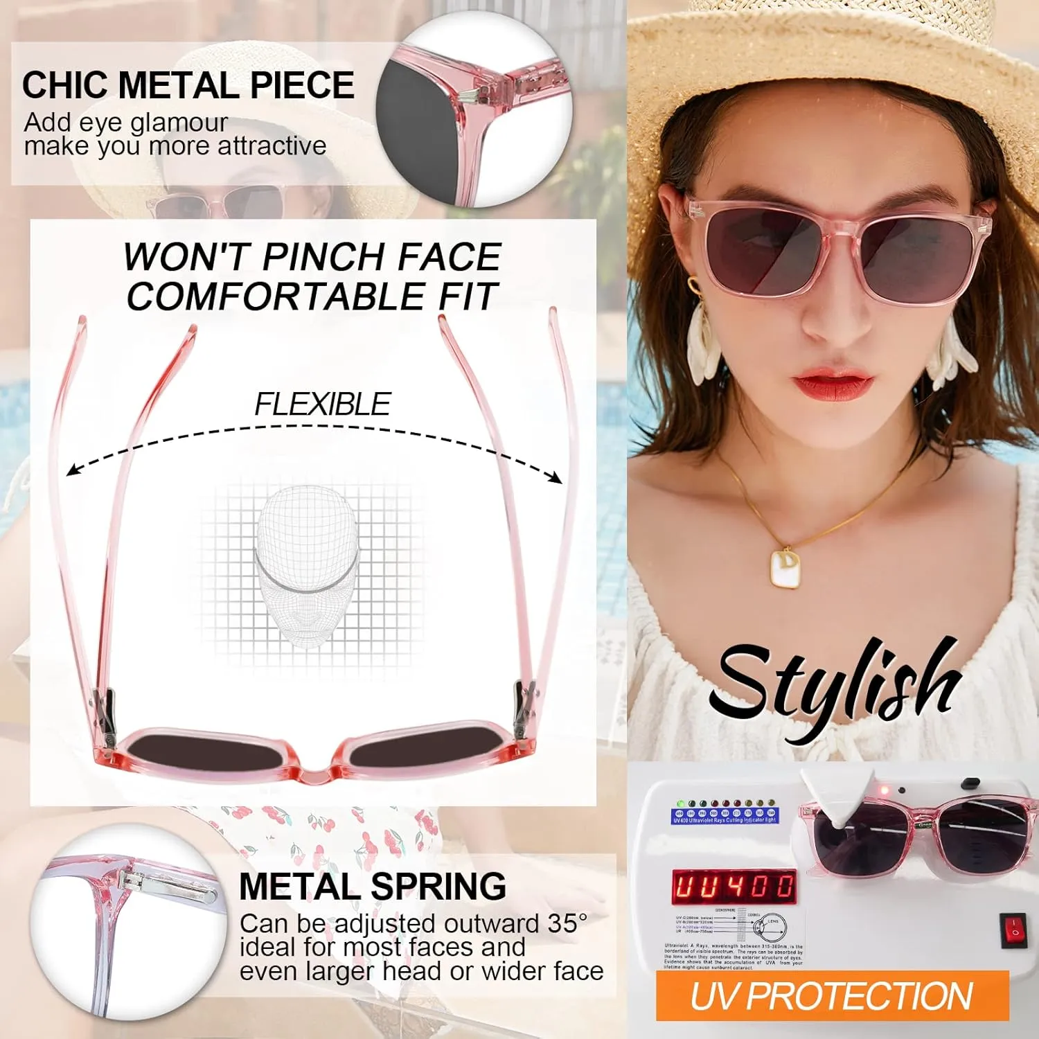 MARE AZZURO Bifocal Reading Sunglasses Women Trendy Square Outdoor Readers 1.00 1.50 2.00 2.50 3.00 3.50 4.00 (Pink, 100)