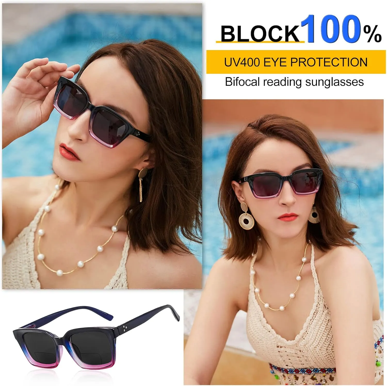 MARE AZZURO Bifocal Sunglasses Women Outdoor Reading Glasses Square Reader Sunglasses 1.00 1.50 2.00 2.50 3.00 3.50 4.00 (Purple, 1.0)