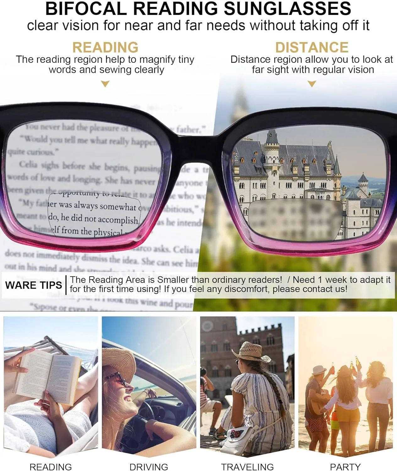 MARE AZZURO Bifocal Sunglasses Women Outdoor Reading Glasses Square Reader Sunglasses 1.00 1.50 2.00 2.50 3.00 3.50 4.00 (Purple, 1.0)