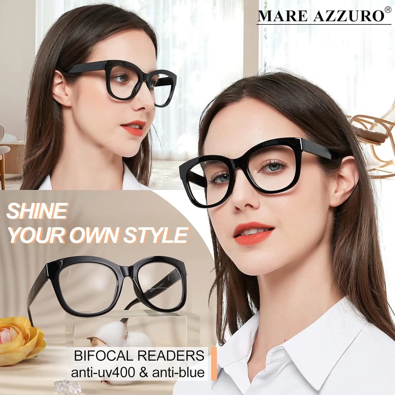 MARE AZZURO Oversized Bifocal Reading Glasses Women Blue Light Blocking Readers 1.0 1.25 1.5 1.75 2.0 2.25 2.5 2.75 3.0 3.5
