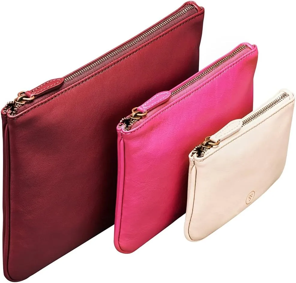 Maxwell Scott - Womens Luxury Soft Leather Pouch Set Trio for Travel or Purse - The Siena Group Burgundy/Hot Pink/Blush Pink