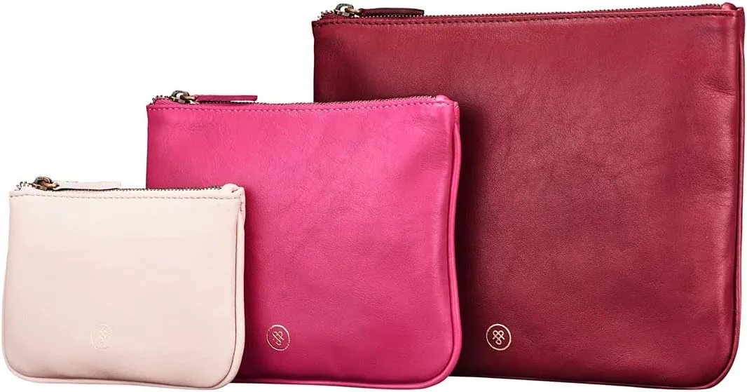 Maxwell Scott - Womens Luxury Soft Leather Pouch Set Trio for Travel or Purse - The Siena Group Burgundy/Hot Pink/Blush Pink