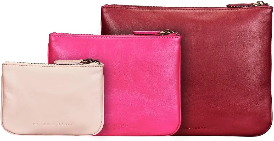 Maxwell Scott - Womens Luxury Soft Leather Pouch Set Trio for Travel or Purse - The Siena Group Burgundy/Hot Pink/Blush Pink