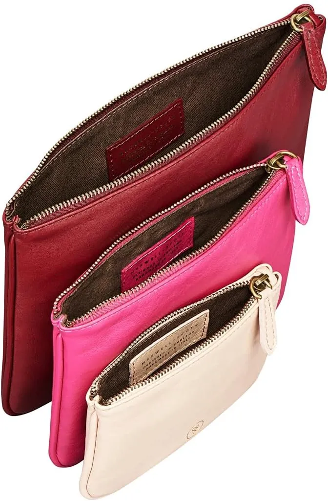 Maxwell Scott - Womens Luxury Soft Leather Pouch Set Trio for Travel or Purse - The Siena Group Burgundy/Hot Pink/Blush Pink