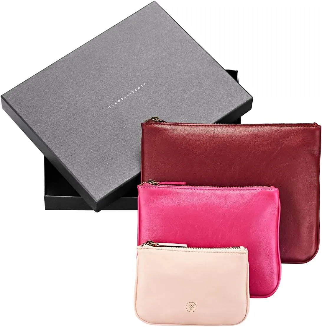 Maxwell Scott - Womens Luxury Soft Leather Pouch Set Trio for Travel or Purse - The Siena Group Burgundy/Hot Pink/Blush Pink