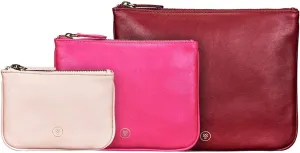 Maxwell Scott - Womens Luxury Soft Leather Pouch Set Trio for Travel or Purse - The Siena Group Burgundy/Hot Pink/Blush Pink