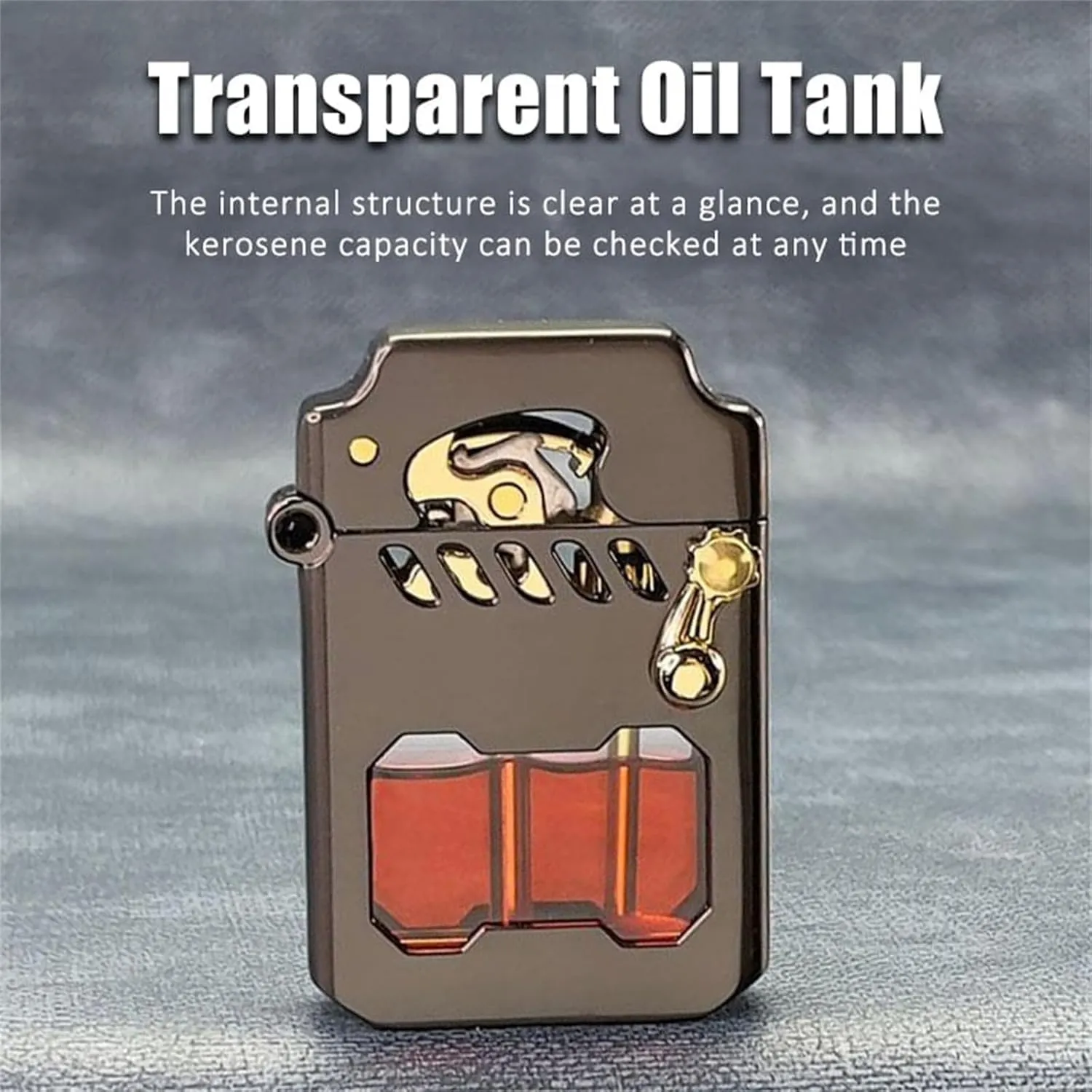 Mecha Metal Rocker Lighter, Retro Transparent Oil Tank Metal Rocker Kerosene Lighter, Retro Metal Rocker Kerosene Windproof Lighter (Gold)