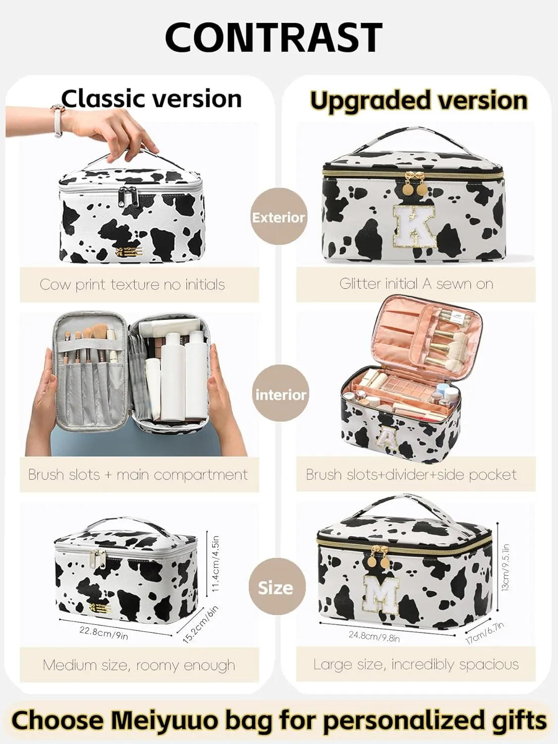 Meiyuuo Birthday Gifts Personalized Initial Makeup Bag Cute Cosmetic Bags Large Travel Pro Pouch Toiletry Bag with Divider and Handle Teens Tweens Gifts Trendy Stuff Cow Print K