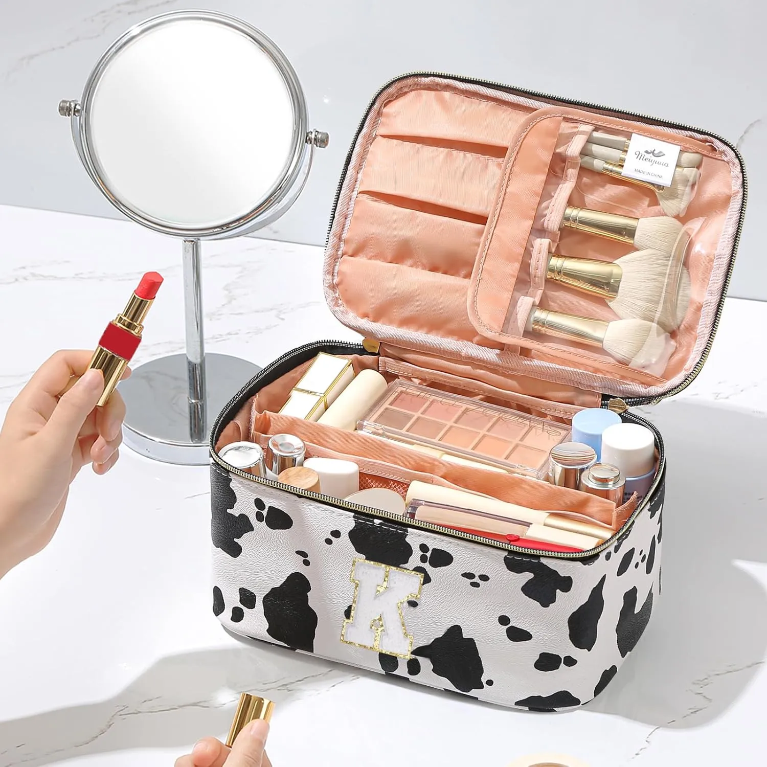 Meiyuuo Birthday Gifts Personalized Initial Makeup Bag Cute Cosmetic Bags Large Travel Pro Pouch Toiletry Bag with Divider and Handle Teens Tweens Gifts Trendy Stuff Cow Print K