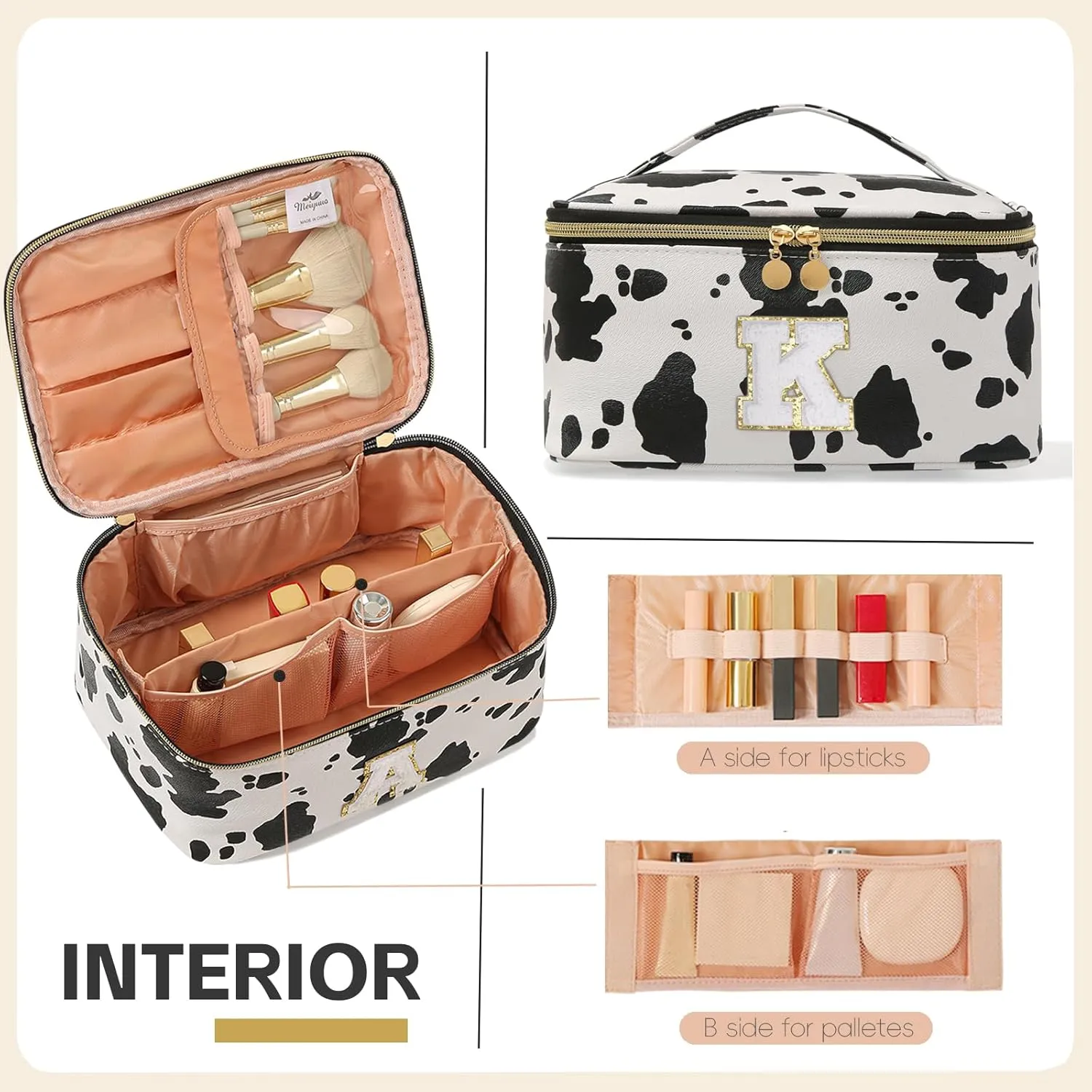 Meiyuuo Birthday Gifts Personalized Initial Makeup Bag Cute Cosmetic Bags Large Travel Pro Pouch Toiletry Bag with Divider and Handle Teens Tweens Gifts Trendy Stuff Cow Print K