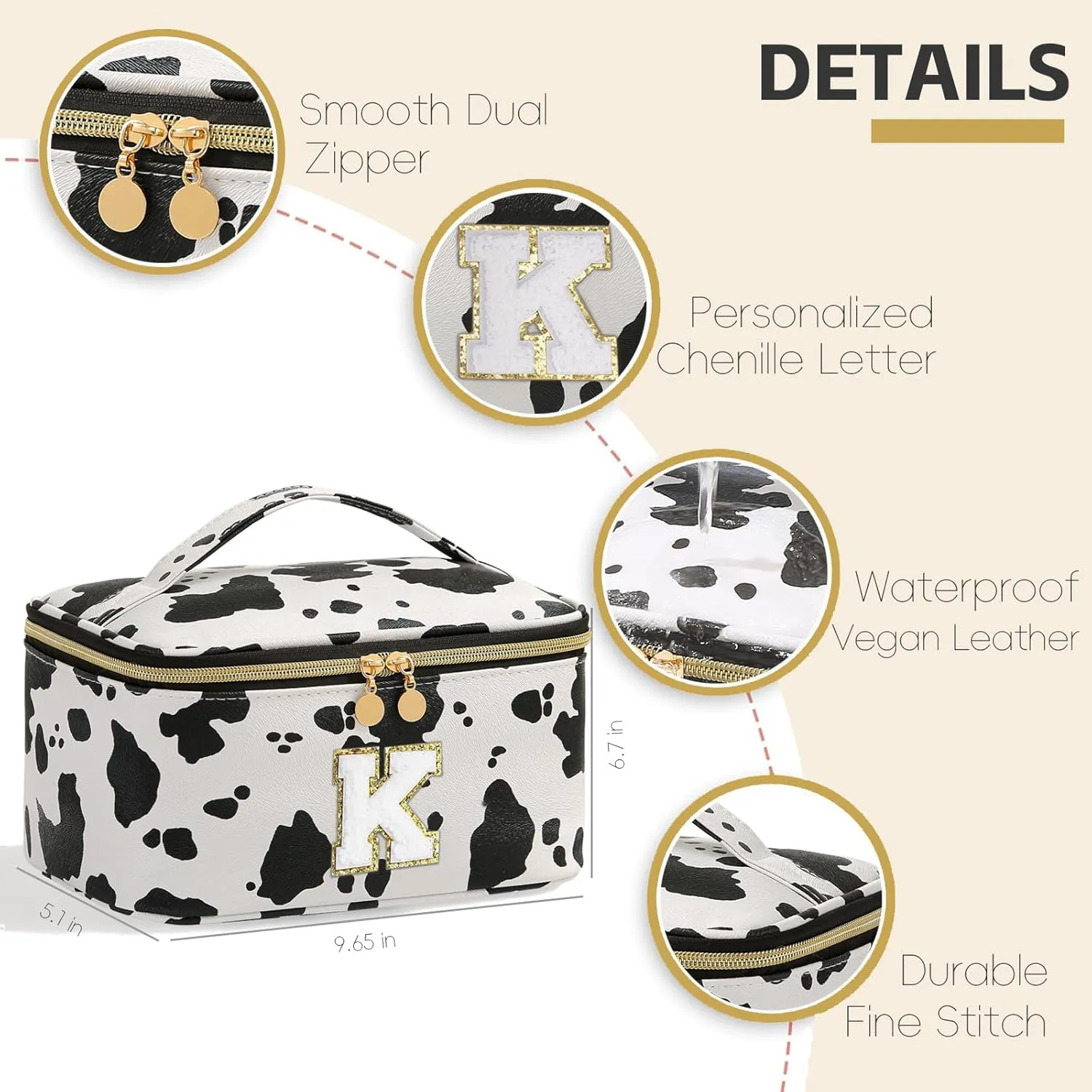 Meiyuuo Birthday Gifts Personalized Initial Makeup Bag Cute Cosmetic Bags Large Travel Pro Pouch Toiletry Bag with Divider and Handle Teens Tweens Gifts Trendy Stuff Cow Print K