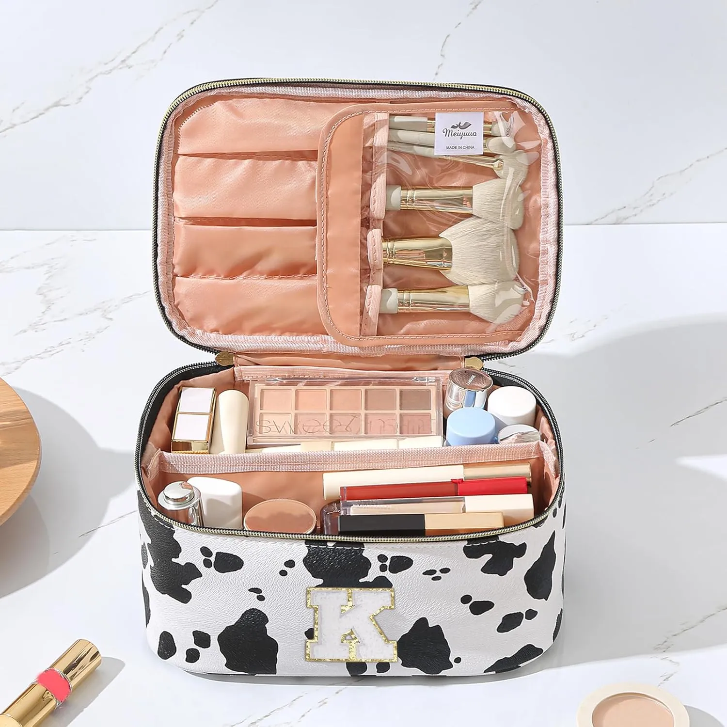 Meiyuuo Birthday Gifts Personalized Initial Makeup Bag Cute Cosmetic Bags Large Travel Pro Pouch Toiletry Bag with Divider and Handle Teens Tweens Gifts Trendy Stuff Cow Print K