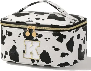 Meiyuuo Birthday Gifts Personalized Initial Makeup Bag Cute Cosmetic Bags Large Travel Pro Pouch Toiletry Bag with Divider and Handle Teens Tweens Gifts Trendy Stuff Cow Print K
