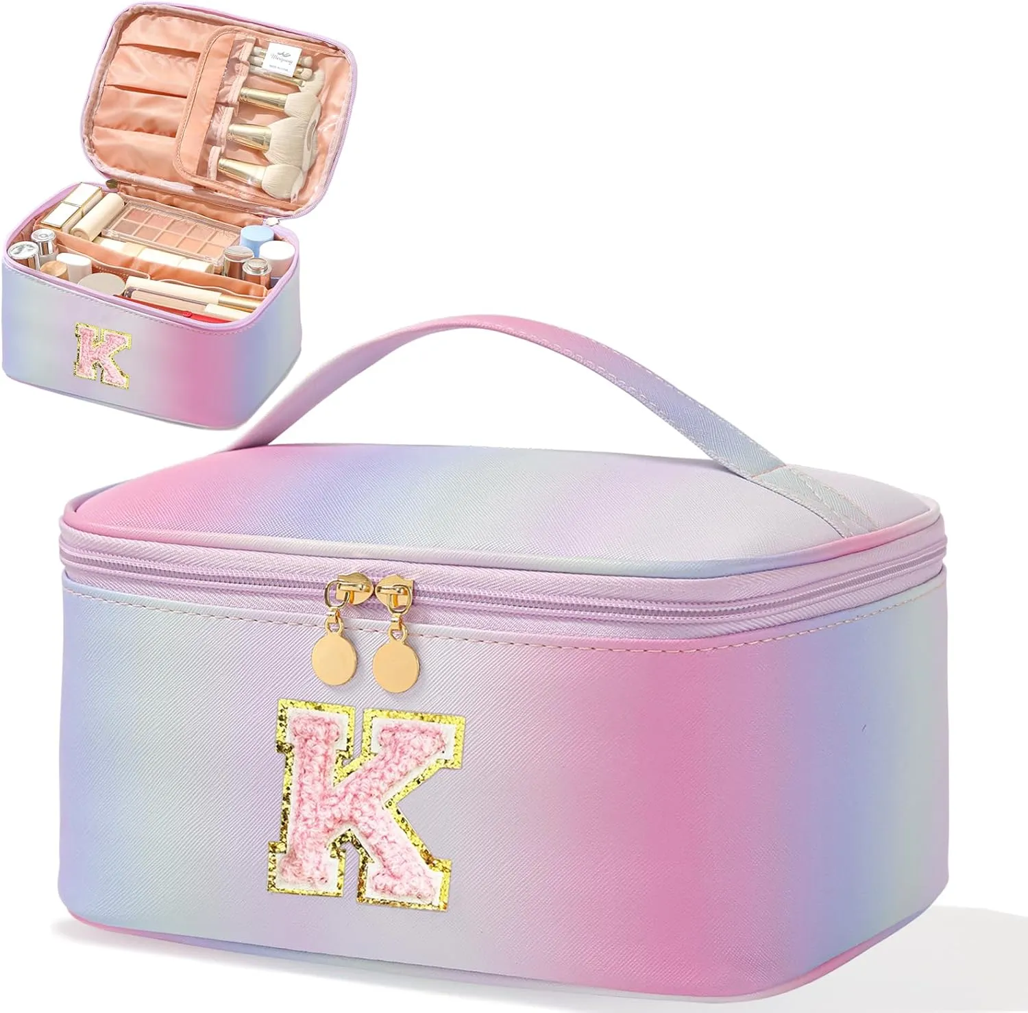 Meiyuuo Large Initial Makeup Bag Travel Pro Cosmetic Bags Cute Chenille Letter Pouch Rainbow Pink Personalized Toiletry Organizer for Women Teen Girls Birthday Gifts for Her Preppy Rainbow Pink K