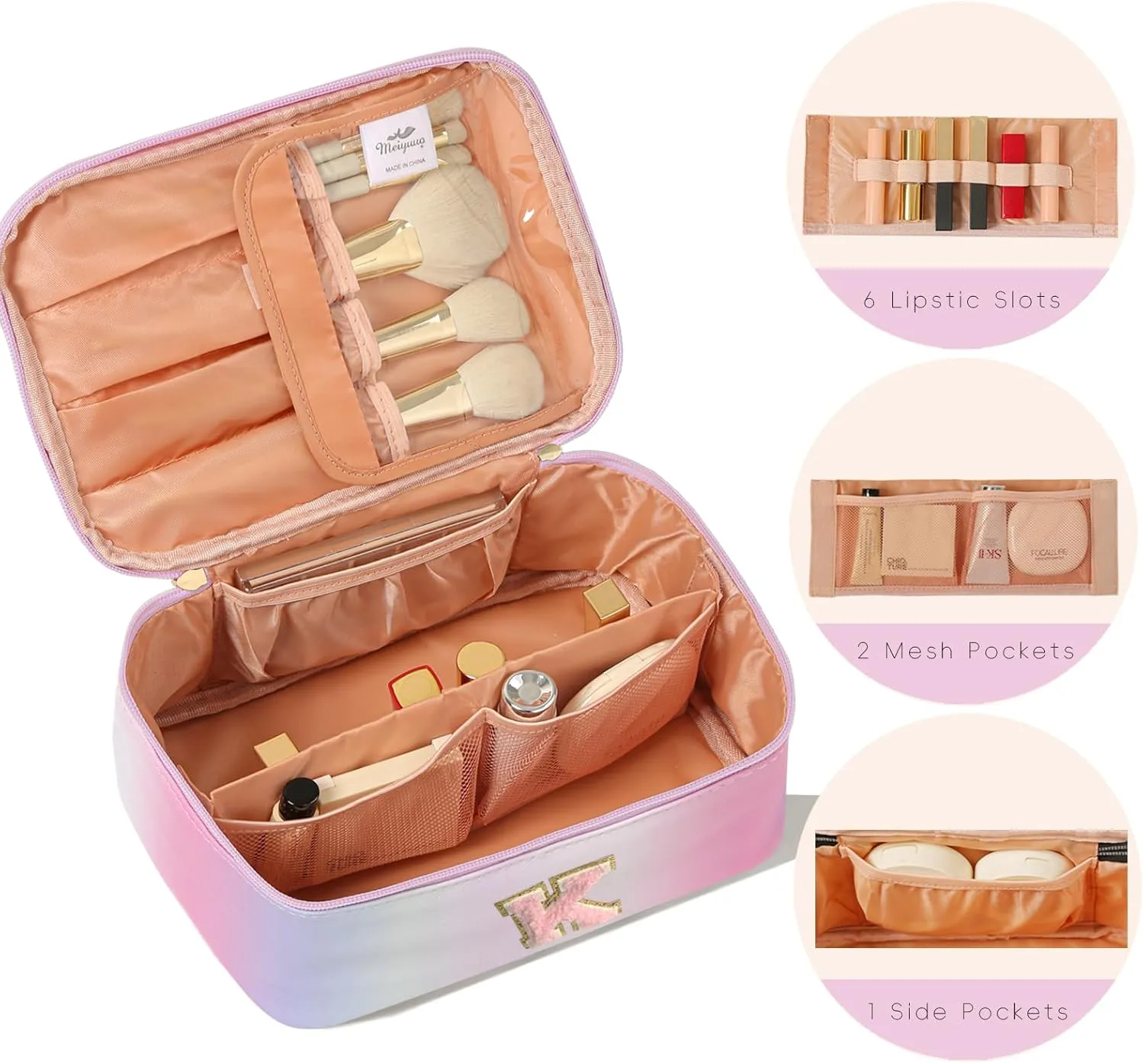 Meiyuuo Large Initial Makeup Bag Travel Pro Cosmetic Bags Cute Chenille Letter Pouch Rainbow Pink Personalized Toiletry Organizer for Women Teen Girls Birthday Gifts for Her Preppy Rainbow Pink K