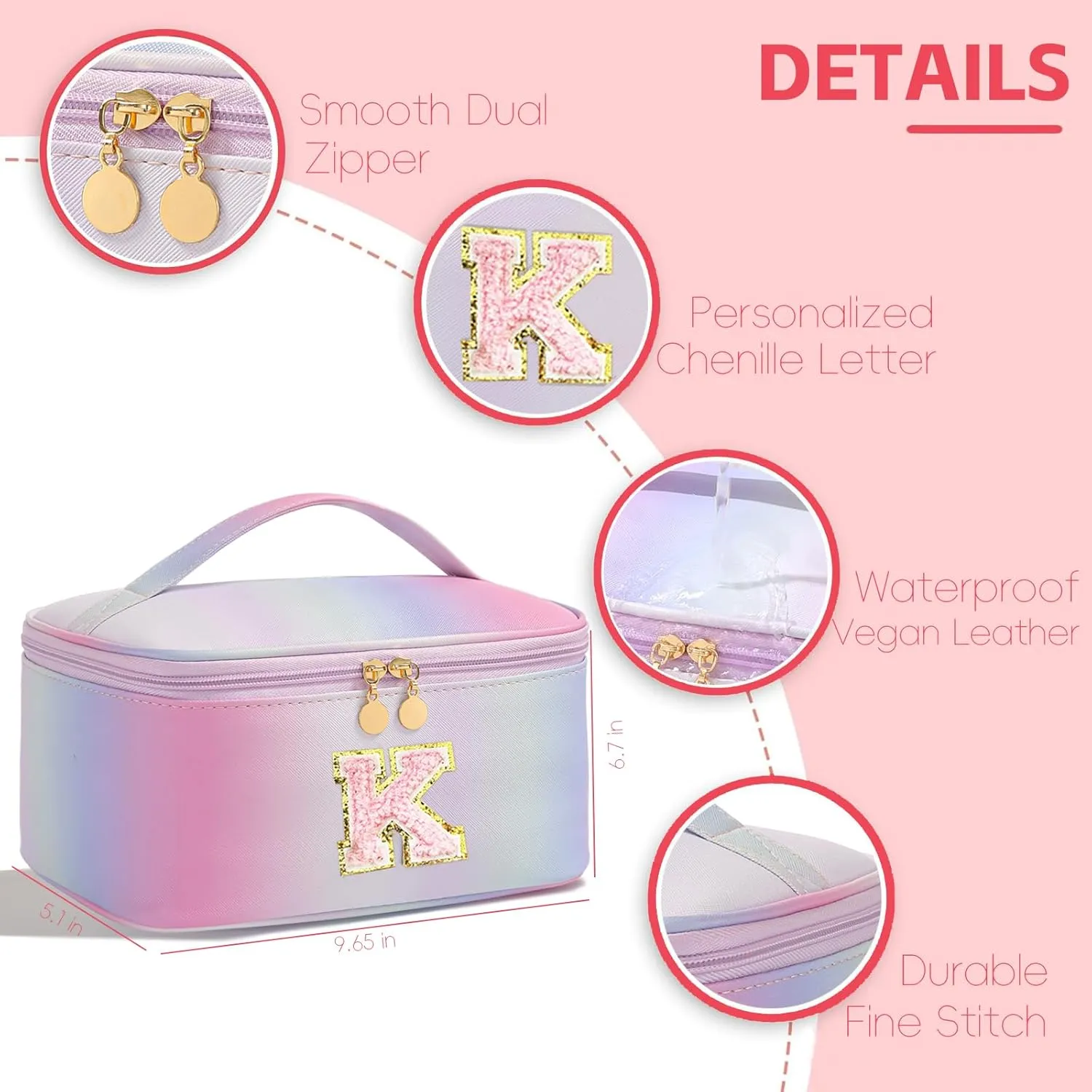 Meiyuuo Large Initial Makeup Bag Travel Pro Cosmetic Bags Cute Chenille Letter Pouch Rainbow Pink Personalized Toiletry Organizer for Women Teen Girls Birthday Gifts for Her Preppy Rainbow Pink K