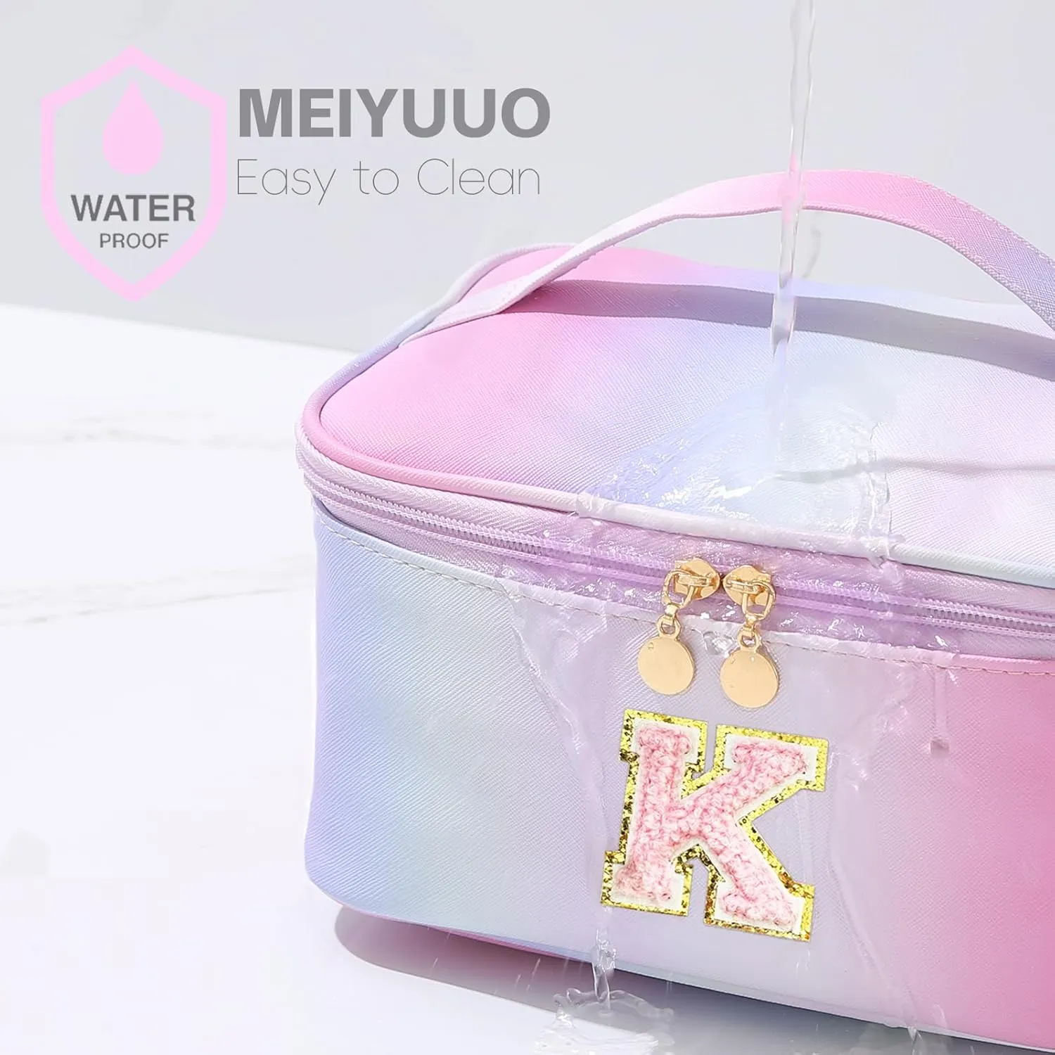 Meiyuuo Large Initial Makeup Bag Travel Pro Cosmetic Bags Cute Chenille Letter Pouch Rainbow Pink Personalized Toiletry Organizer for Women Teen Girls Birthday Gifts for Her Preppy Rainbow Pink K