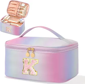 Meiyuuo Large Initial Makeup Bag Travel Pro Cosmetic Bags Cute Chenille Letter Pouch Rainbow Pink Personalized Toiletry Organizer for Women Teen Girls Birthday Gifts for Her Preppy Rainbow Pink K