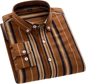 Men Cotton Long-Sleeve Striped Shirts Slim Fit Casual Soft Plaid Striped Designer Plain Shirt
