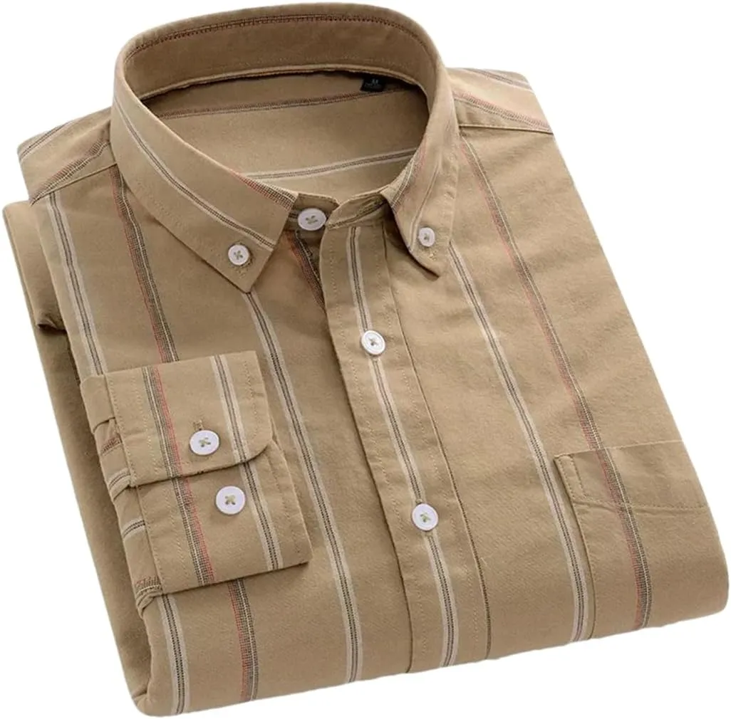 Men Cotton Long-Sleeve Striped Shirts Slim Fit Casual Soft Plaid Striped Designer Plain Shirt