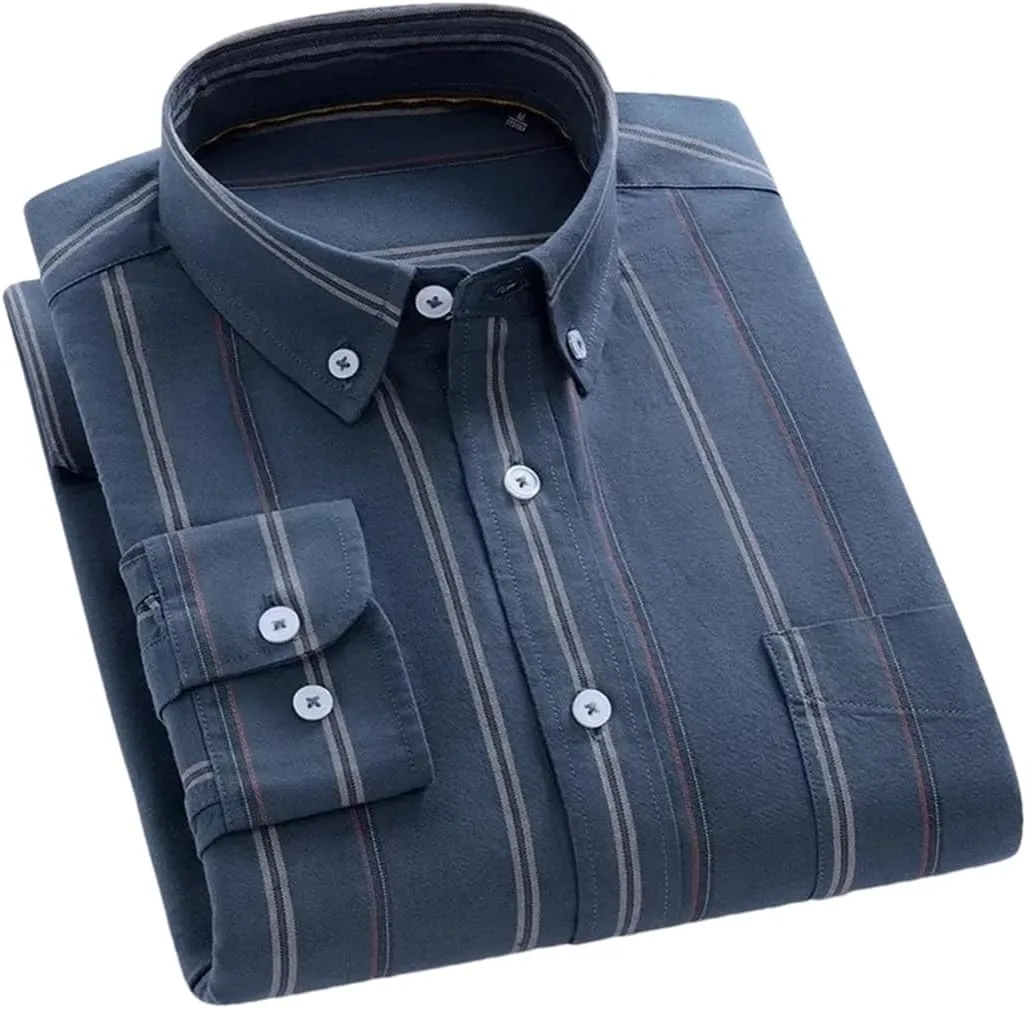 Men Cotton Long-Sleeve Striped Shirts Slim Fit Casual Soft Plaid Striped Designer Plain Shirt
