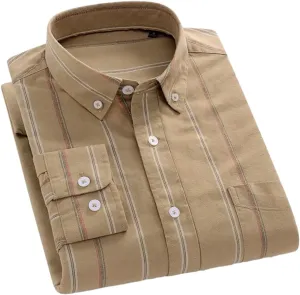 Men Cotton Long-Sleeve Striped Shirts Slim Fit Casual Soft Plaid Striped Designer Plain Shirt