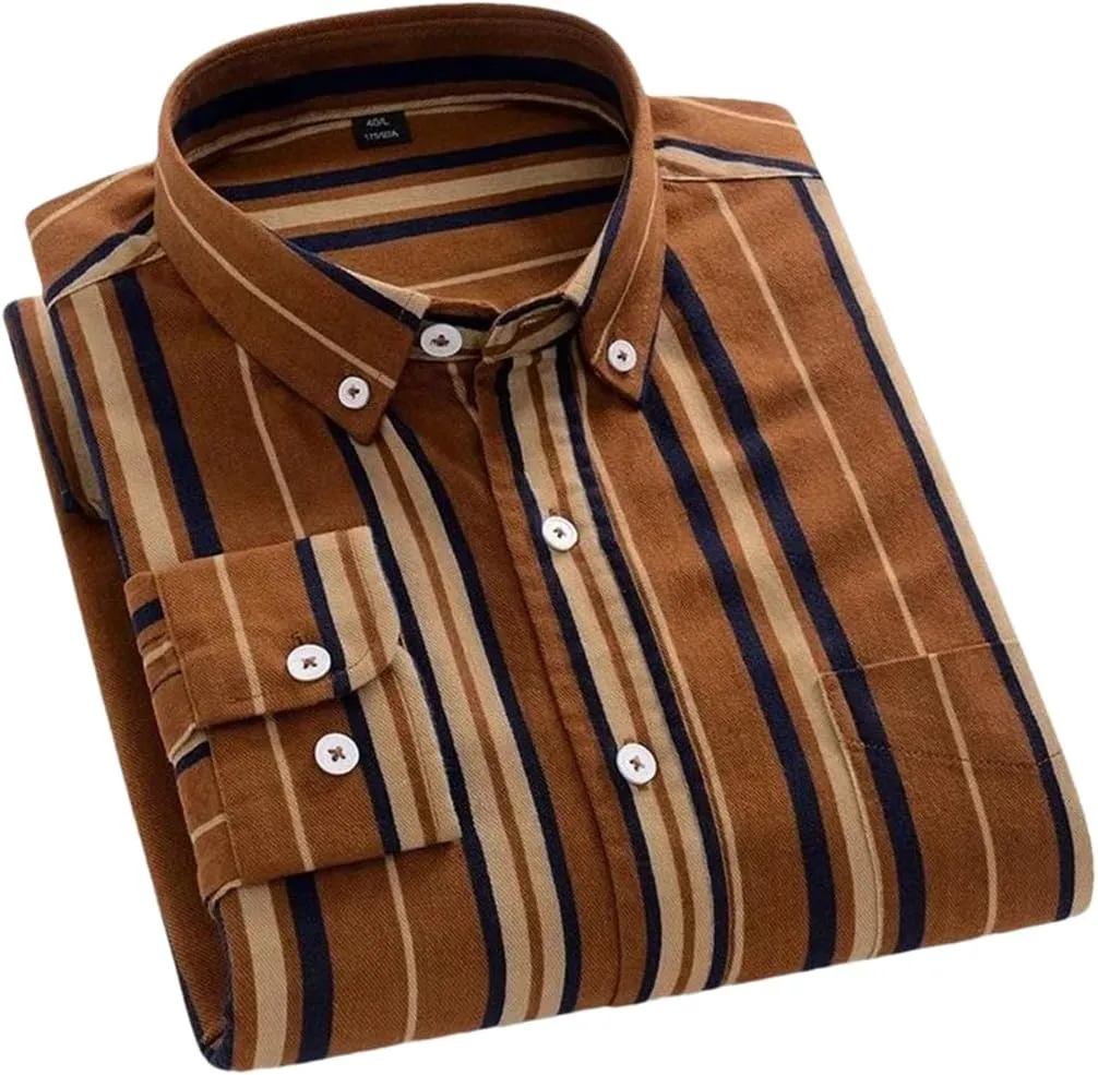 Men Cotton Long-Sleeve Striped Shirts Slim Fit Casual Soft Plaid Striped Designer Plain Shirt