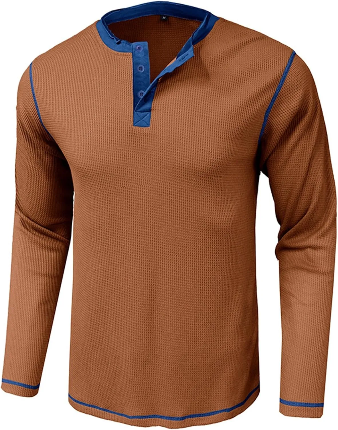 Men Waffle Knit Shirts 1/4 Button Long Sleeve Casual T-Shirts Solid Color Lightweight Loose Fit Shirt