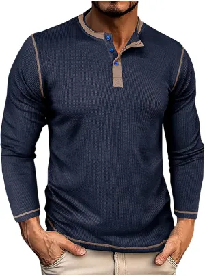 Men Waffle Knit Shirts 1/4 Button Long Sleeve Casual T-Shirts Solid Color Lightweight Loose Fit Shirt