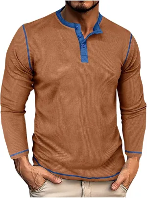Men Waffle Knit Shirts 1/4 Button Long Sleeve Casual T-Shirts Solid Color Lightweight Loose Fit Shirt