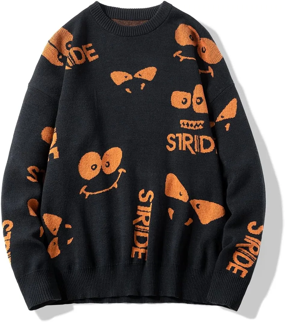 Men's Cartoon Knit Sweaters Strange Eyes Oversized Anime Sweaters Long Sleeve Cotton Pullovers Roundneck Jumpers