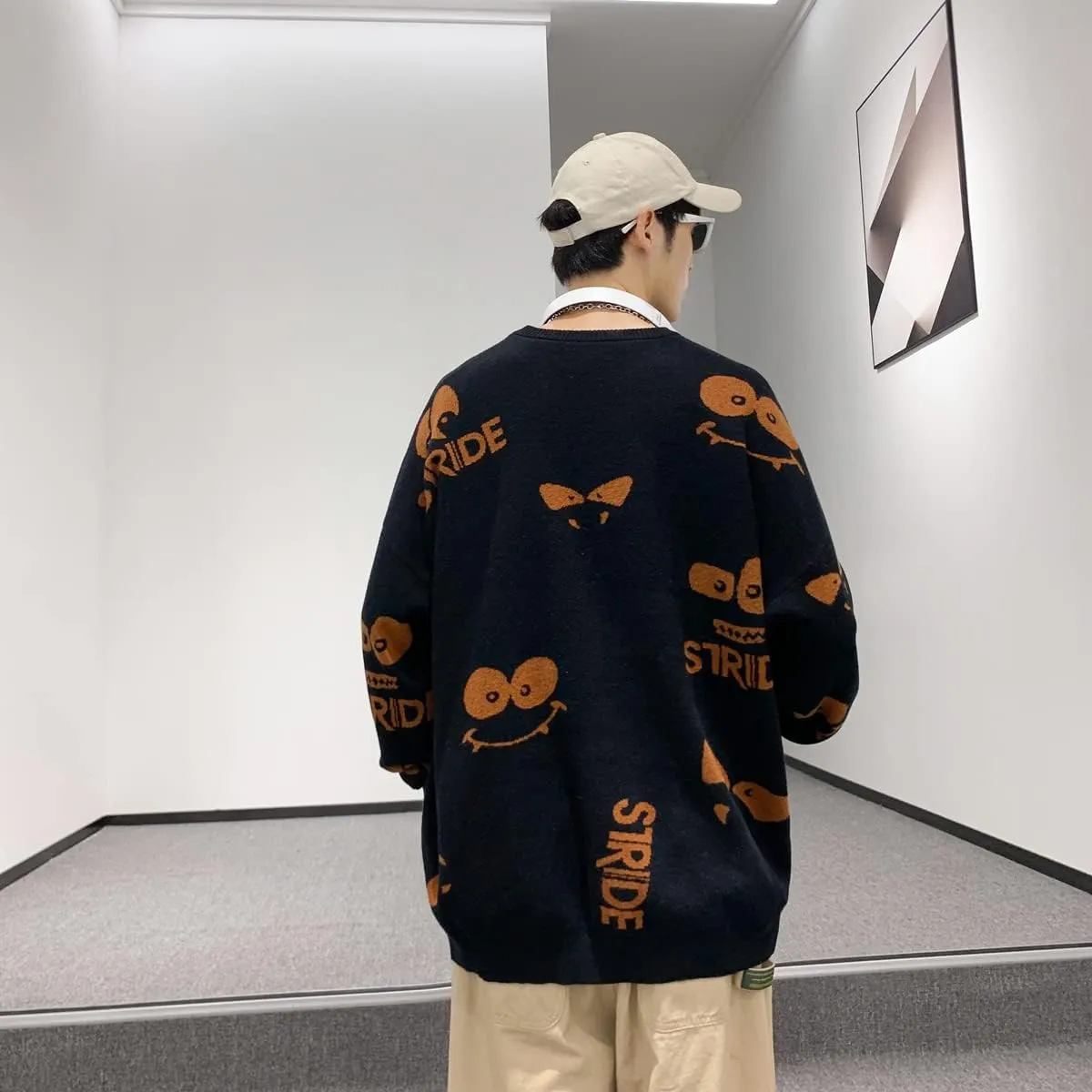 Men's Cartoon Knit Sweaters Strange Eyes Oversized Anime Sweaters Long Sleeve Cotton Pullovers Roundneck Jumpers