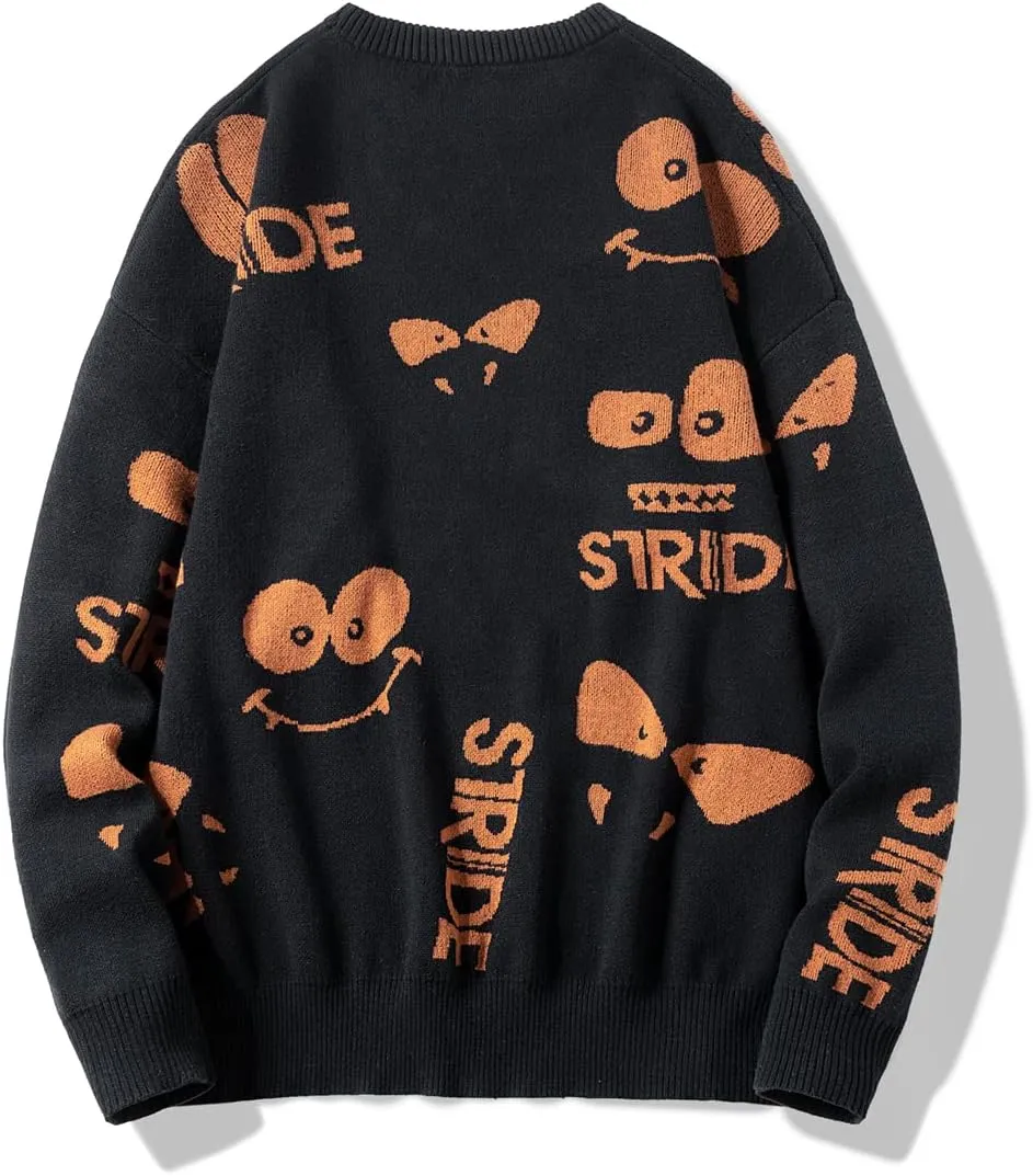 Men's Cartoon Knit Sweaters Strange Eyes Oversized Anime Sweaters Long Sleeve Cotton Pullovers Roundneck Jumpers